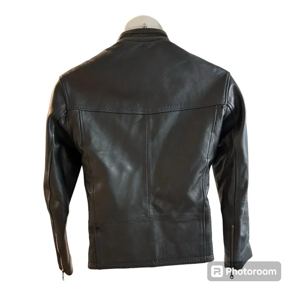 Vtg Pops Black Soft Leather Jacket Full Zip Blue Stitching Unisex Medium Large - Picture 4 of 12
